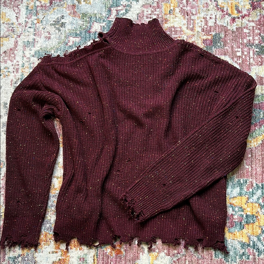 Maroon Distressed Knit Sweater – Chunky, Grunge, Cozy Chi